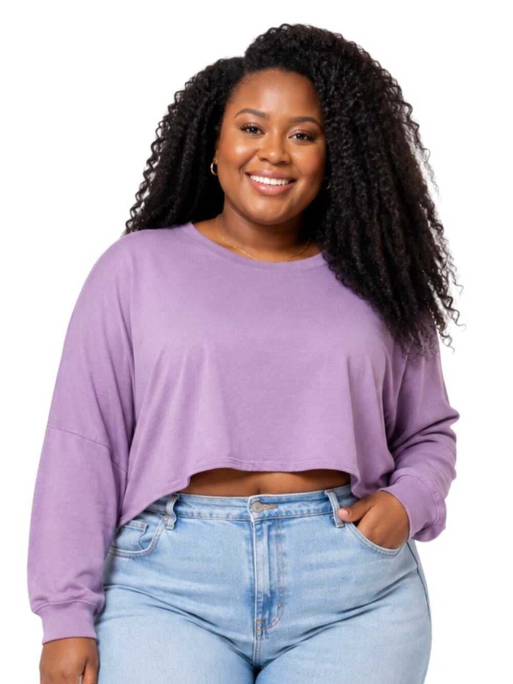 Joylab Lavender Cropped Sweatshirt | Long Sleeve Crewneck Top | Purple XL